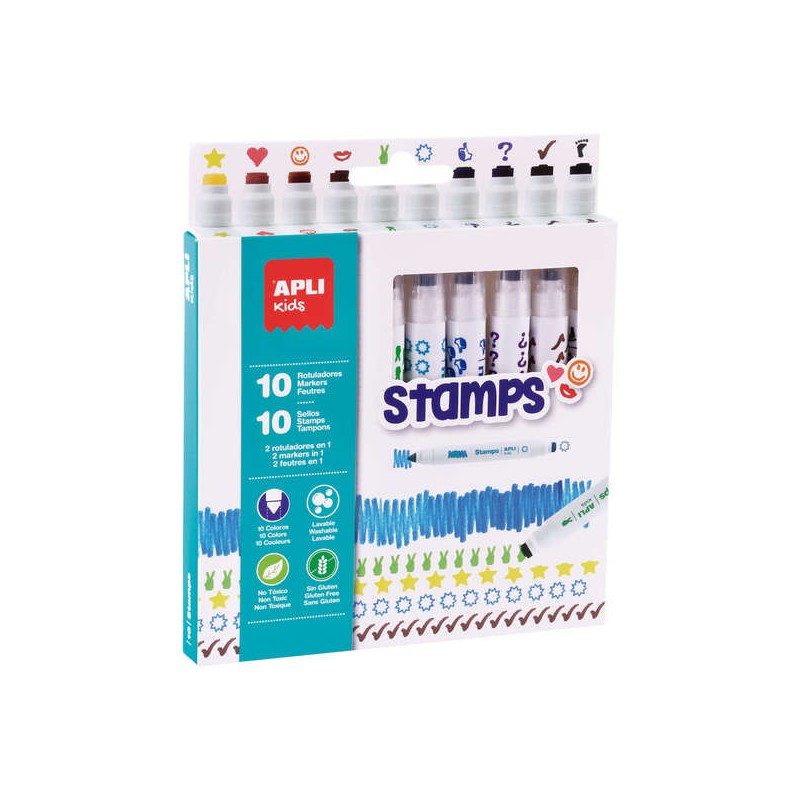 Apli Kids Stamps Confezione da 10 pennarelli e timbri - 10 diversi colori/tamponi - punte bloccate Ø 7.5 mm - cappuccio