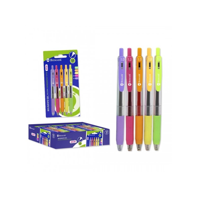 Bismark Confezione da 5 penne a sfera retraibili a inchiostro gel - Punta da 1.0 mm - Scrittura scorrevole - Colori neon