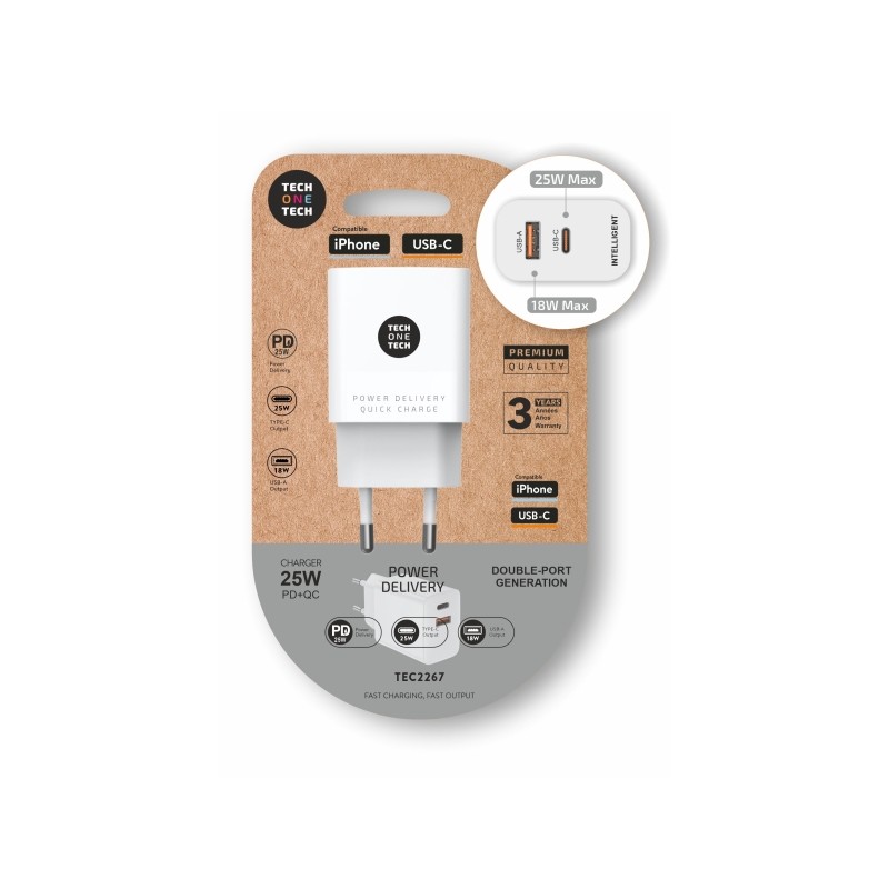 TechOneTech Caricabatterie da parete PD + QC 25W 1 porta USB-C 3A + 1 porta USB-A