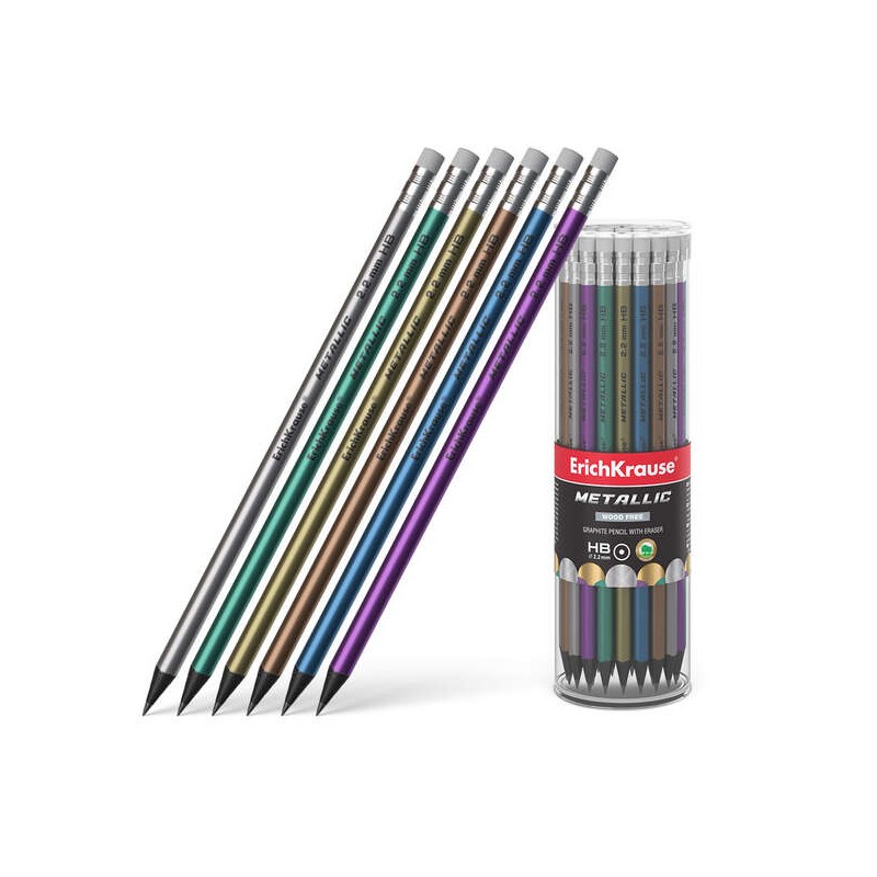 Matita Erichkrause Metallic Graphite HB con gomma - Fusto rotondo in plastica - Colori assortiti