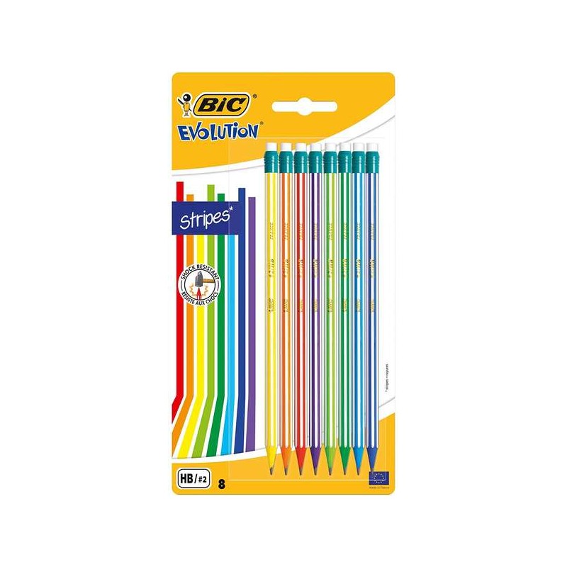 Bic Evolution Stripes Confezione da 8 matite di grafite esagonali con gomma - mina HB ultra resistente - resina sintetic