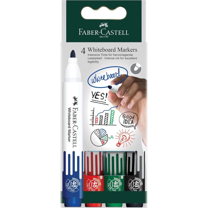 Faber-Castell W20 Confezione da 4 pennarelli per lavagna bianca - Bullet Point - Larghezza linea 2.25 mm - Cancella a se