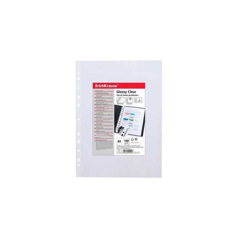 Erichkrause Glossy Clear Confezione da 100 buste multiforo A4 60mic - 11 fori - Finitura trasparente lucida