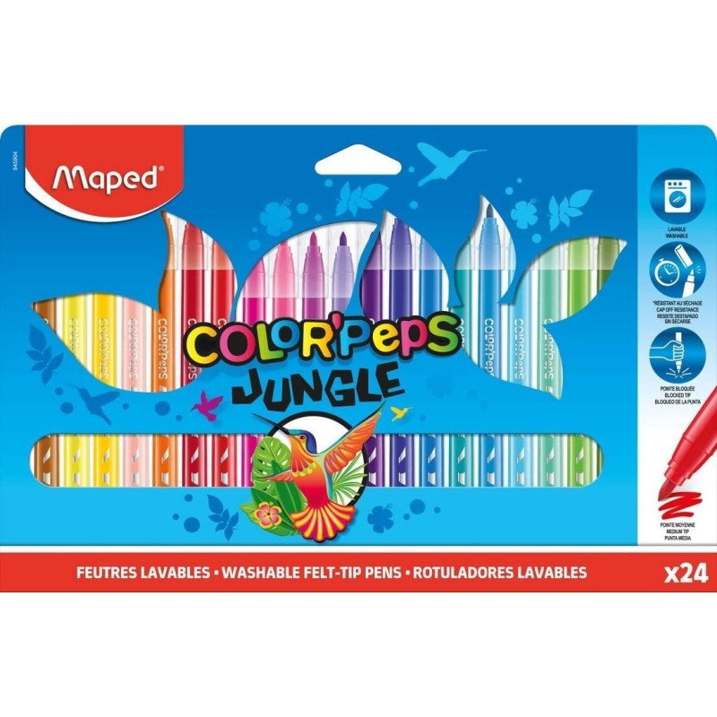 Maped Color'Peps Jungle Confezione da 24 blocchi da 2 mm - Ogivale. morbido e flessibile - Inchiostro lavabile - Colori 