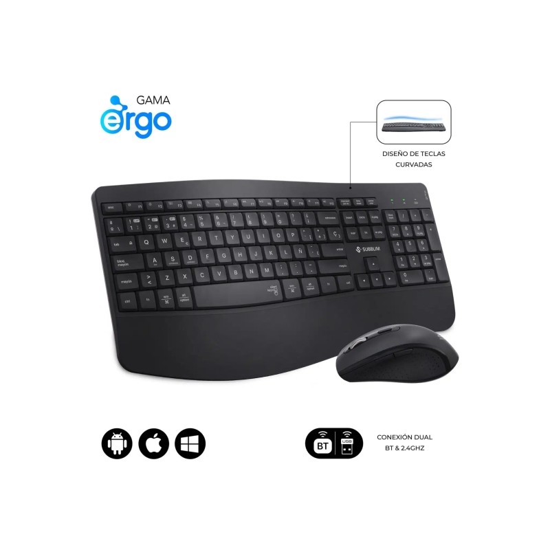 Subblim Dual Office Prowave Nero Tastiera ergonomica + Mouse 3200dpi Wireless Bluetooth 5.3 e Ricevitore USB - Batteria 