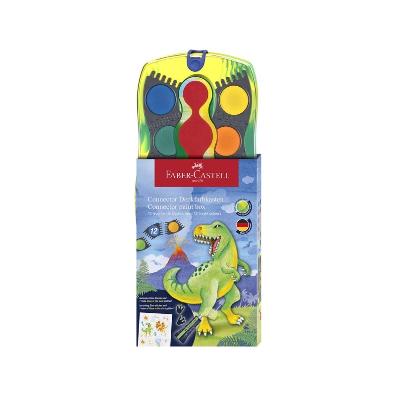Faber-Castell Connector Dinosaur Confezione da 12 pellet di acquerello + vernice bianca opaca + adesivi - Alta opacità 