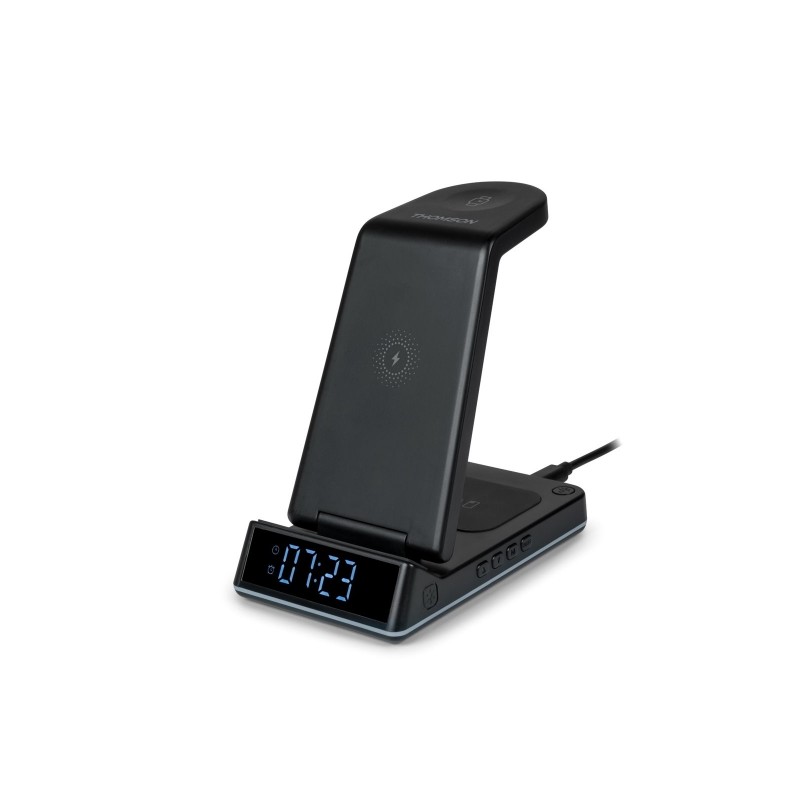 Sveglia Thomson con stazione di ricarica wireless per smartphone. iWatch e cuffie - Display LCD - Luce notturna - Nero