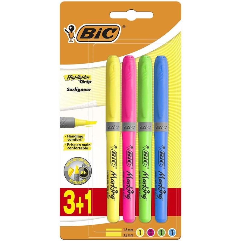 Bic Highlighter Grip Confezione da 4 evidenziatori - Inchiostro a base d'acqua - Punta smussata - Tratto tra 1.60 e 3.30