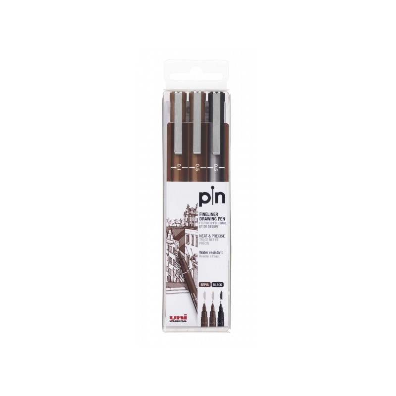Uni-ball Uni Pin Confezione da 3 penne calibrate 0.1. 0.5 - Punta in poliacetale - Inchiostro pigmentato resistente all'