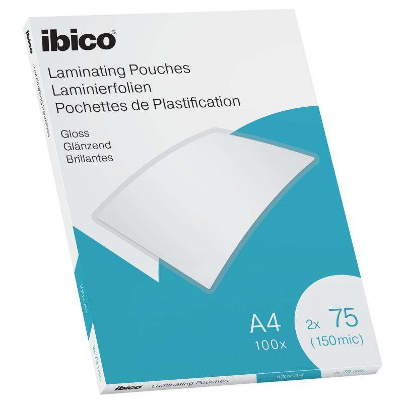Ibico Scatola di 100 fogli di laminazione lucidi A4 75 Micron - Finitura cristallina ad alta lucentezza - Lamina carta. 