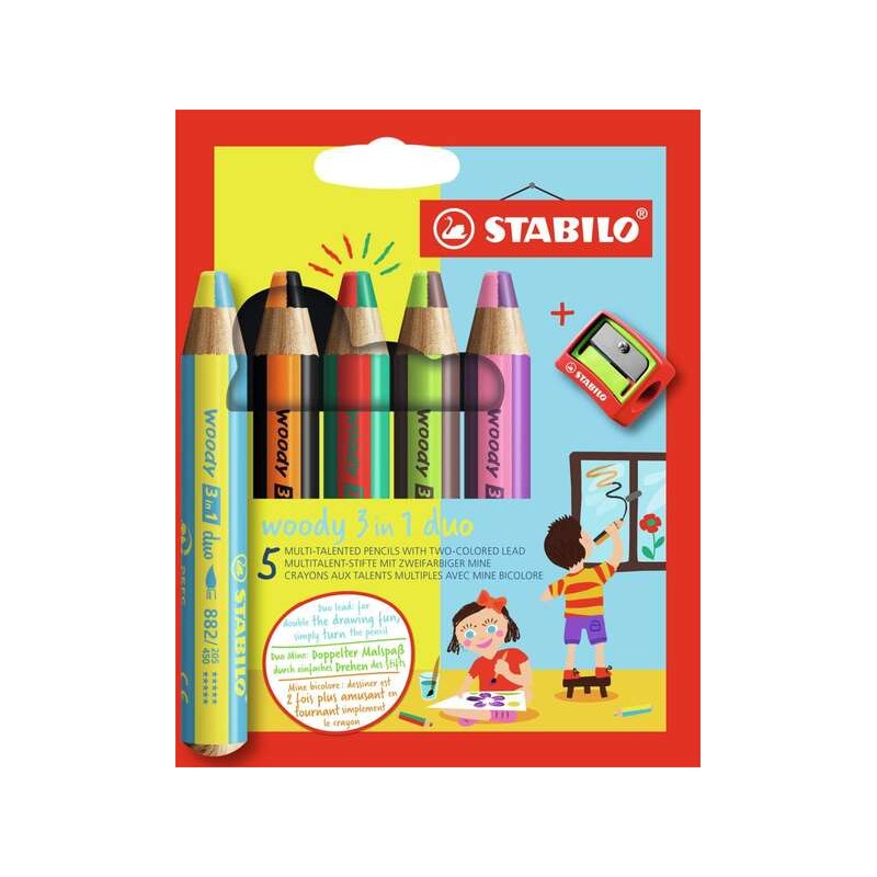 Stabilo Woody 3 in 1 Duo Confezione da 5 matite colorate + temperamatite - 2 colori XXL 10mm - Matita colorata. cera per