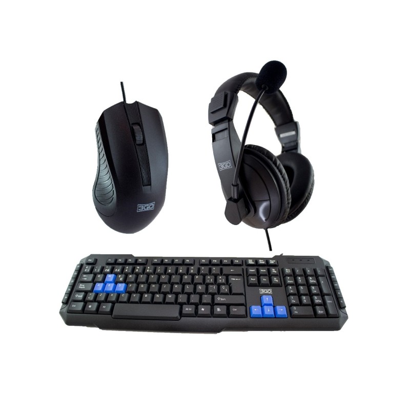 3Go Drile H2 Pack Tastiera multimediale USB + mouse 1000dpi a 5 pulsanti + cuffie con microfono - Uso ambidestro - Color