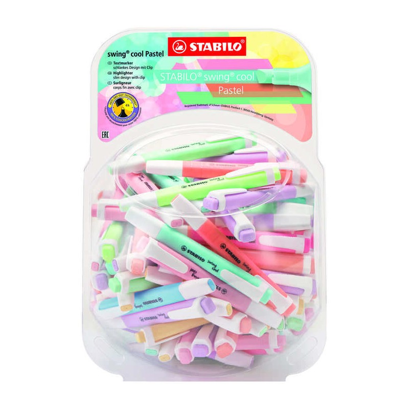 Stabilo Swing Cool Pastel Display da 100 evidenziatori - Corpo piatto - Punta smussata - Linea da 1 a 4 mm - Inchiostro 