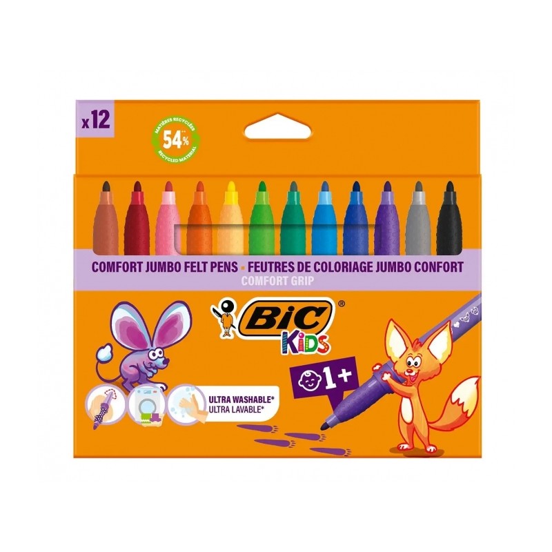BIC Kids Comfort Confezione da 12 pennarelli a inchiostro lavabili - Facili da pulire - Impugnatura antiscivolo - Colori