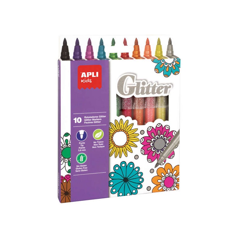 Penne glitterate Apli Kids - Ø 12x137 mm - Corpo cilindrico e punta tonda bloccata Ø 3.8 mm - Colori assortiti - Inchi