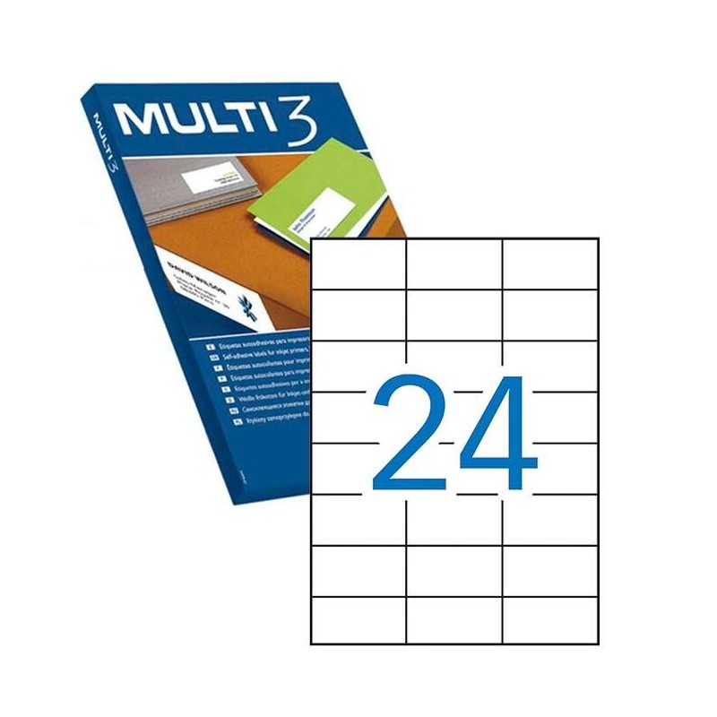 Multi3 Confezione da 2.400 etichette bianche con bordi dritti di dimensioni 70X37 mm con adesivo permanente per moltepli