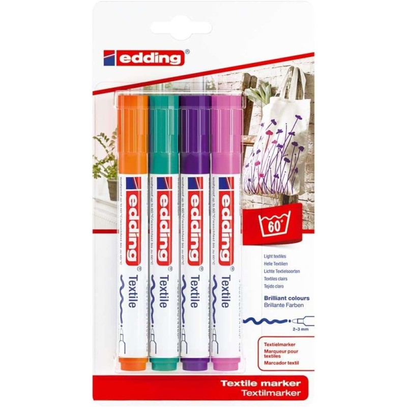 Edding 4500 Fun Colours Confezione da 4 penne tessili permanenti - Punta tonda - Linea 2-3 mm - Odore neutro - Asciugatu