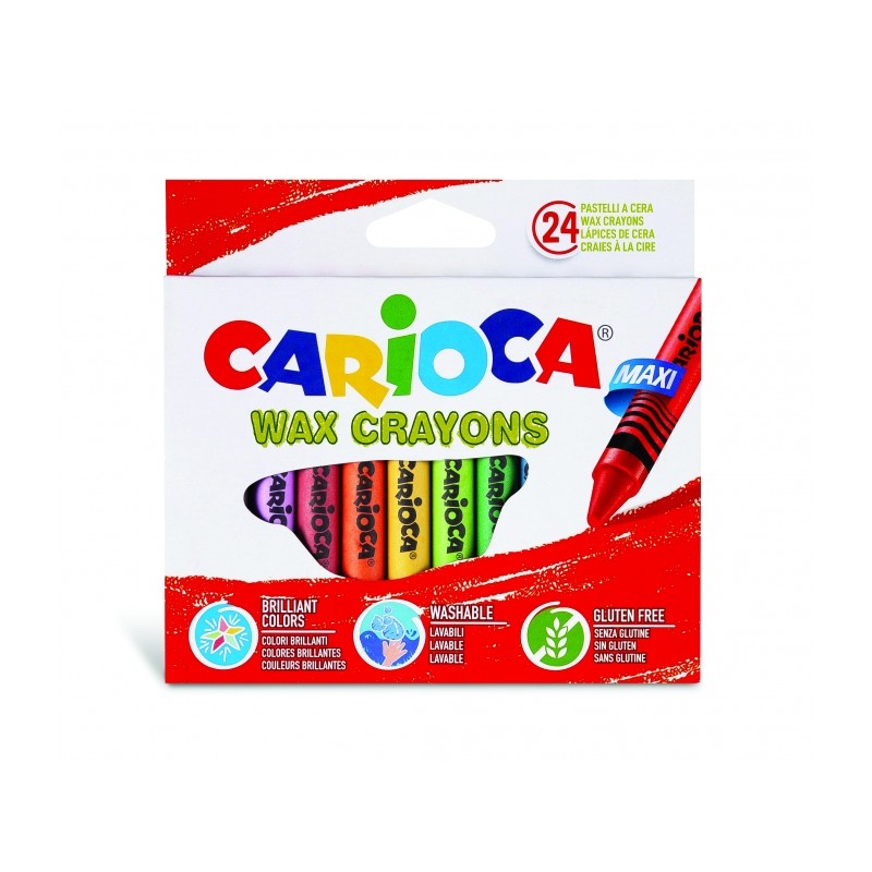 Carioca Maxi confezione da 24 pastelli a cera - Colori vivaci - Lavabili - Corpo Ø 12 mm - Colori vari