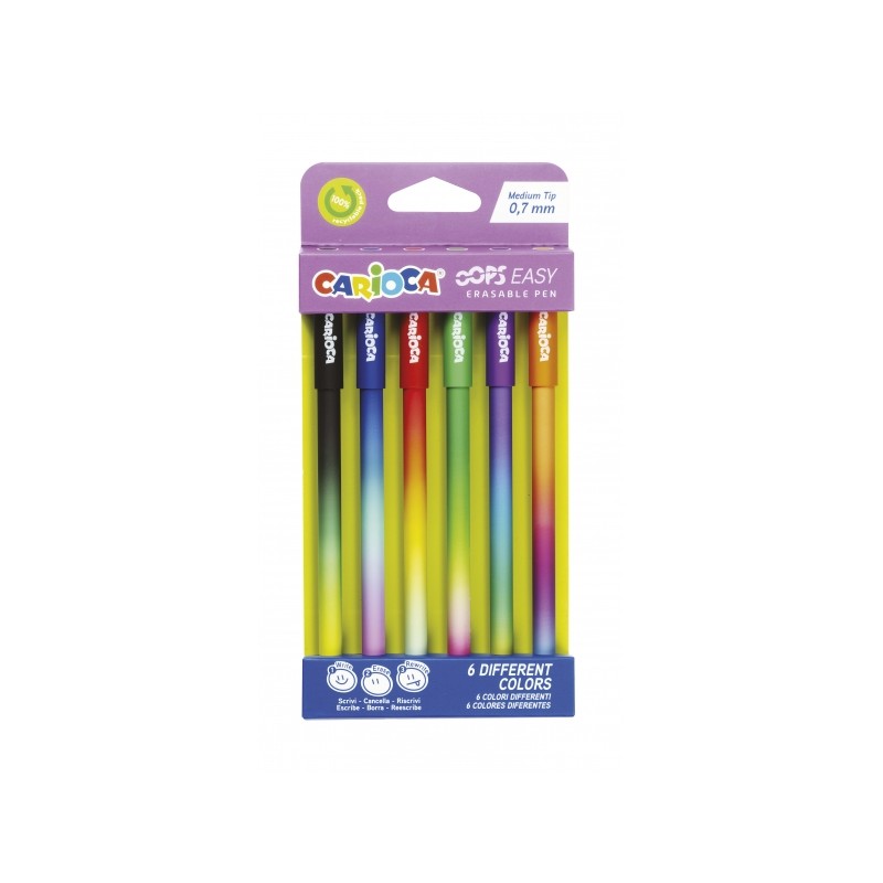 Carioca Oops Easy Confezione da 6 penne a sfera cancellabili con punta Ø 0.7 mm - Inchiostro termosensibile - Colori as