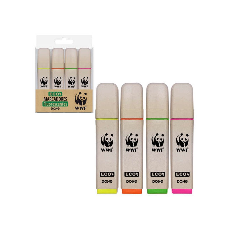 Dohe Confezione da 4 evidenziatori ECO - Punta smussata - Linea 1-5 mm - Inchiostro a base d'acqua - Colori assortiti