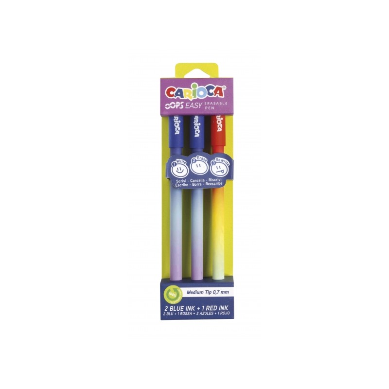 Carioca Oops Easy Confezione da 3 penne a sfera cancellabili con punta Ø 0.7 mm - Inchiostro termosensibile - Fusto eff