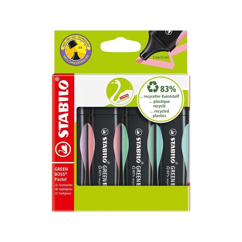 Stabilo Green Boss Pastel Confezione da 4 pennarelli fluorescenti - Realizzati con l'83% di plastica riciclata - Linea d