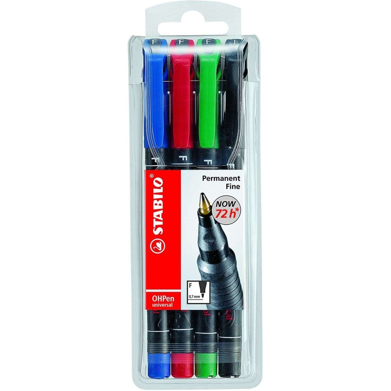 Stabilo OHPen Confezione da 4 pennarelli permanenti - Punta fine - Linea 0.7 mm - Impugnatura antiscivolo - Cappuccio ve