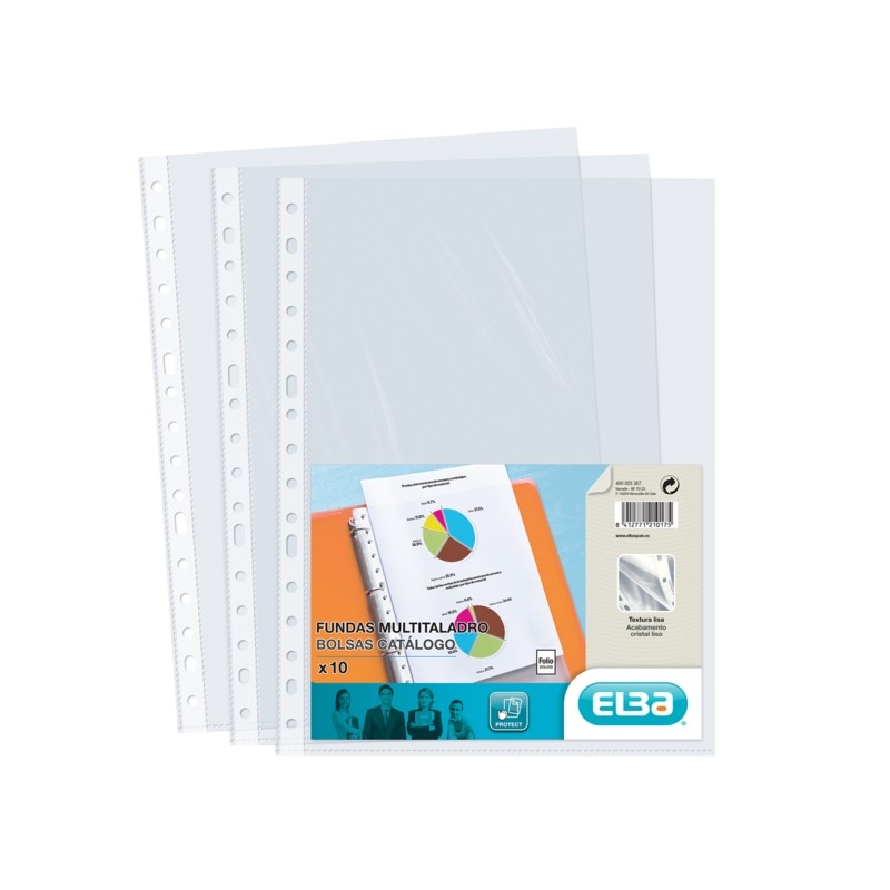 Elba Confezione da 10 maniche Multidrill PP 70 Micron - Formato Folio - Finitura cristallo - Trasparente
