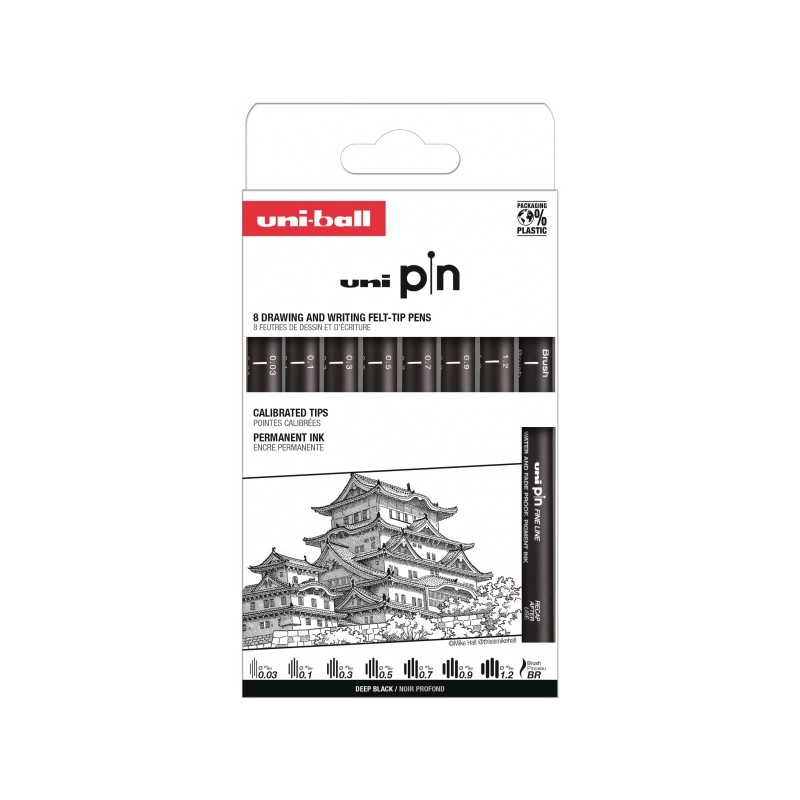 Uni-ball Uni Pin Classic I Confezione da 8 penne calibrate 0.03. 0.1. 0.3. 0.5. 0.7. 0.9. 1.2 e a pennello - Punta in po