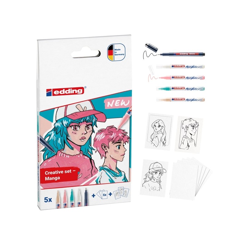 Set di manicotti acrilici Edding - Confezione da 4 pennarelli acrilici 5300 + 1 pennarello 1800 + 6 cartoncini vuoti + 3