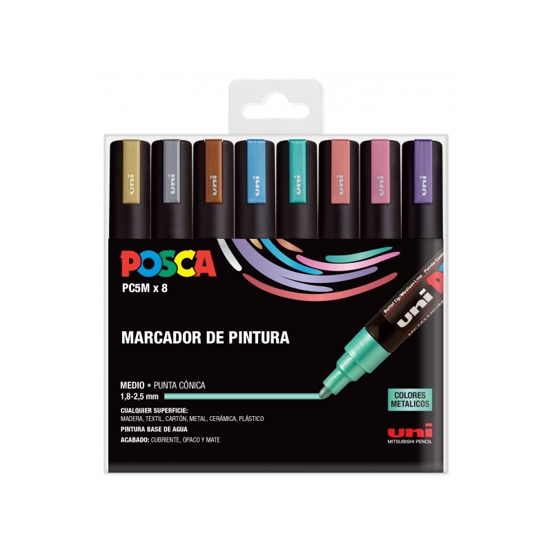 Posca PC-5M/8C Confezione da 8 pennarelli - Punta 1.8-2.5 mm - Inchiostro a base d'acqua - Resistente alla luce - Non pe