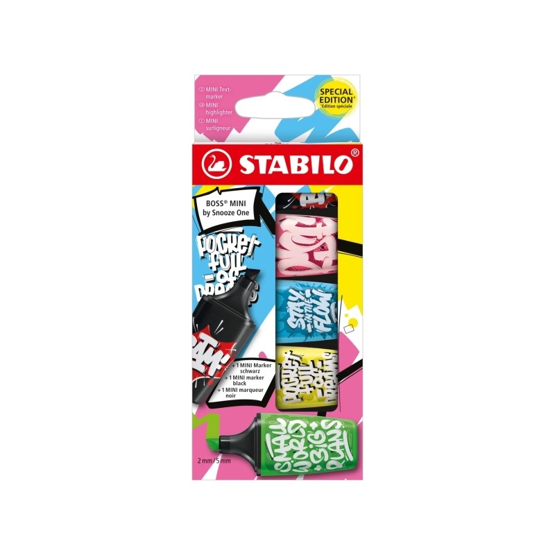 Stabilo Boss Mini by Snooze Confezione da 5 mini pennarelli fluorescenti - linea da 2 a 5 mm - inchiostro a base d'acqua