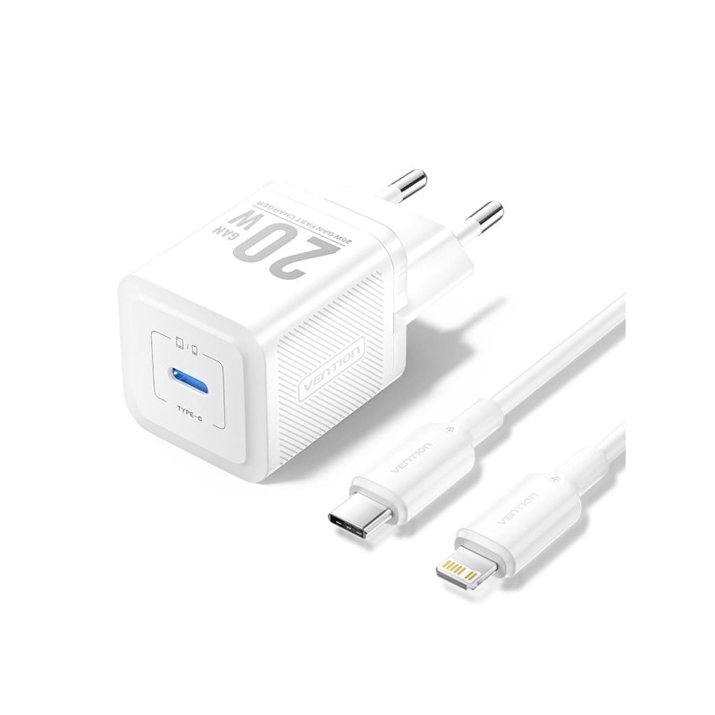 Vention Caricatore da parete GaN USB-C 20W - Cavo da USB-C a Lightning 1m - Bianco