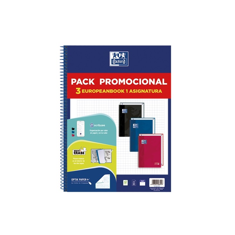 Oxford Europeanbook 1 Classic Confezione da 3 quaderni a spirale formato A4+ griglia 5x5mm - 80 fogli 90g - Copertina mo