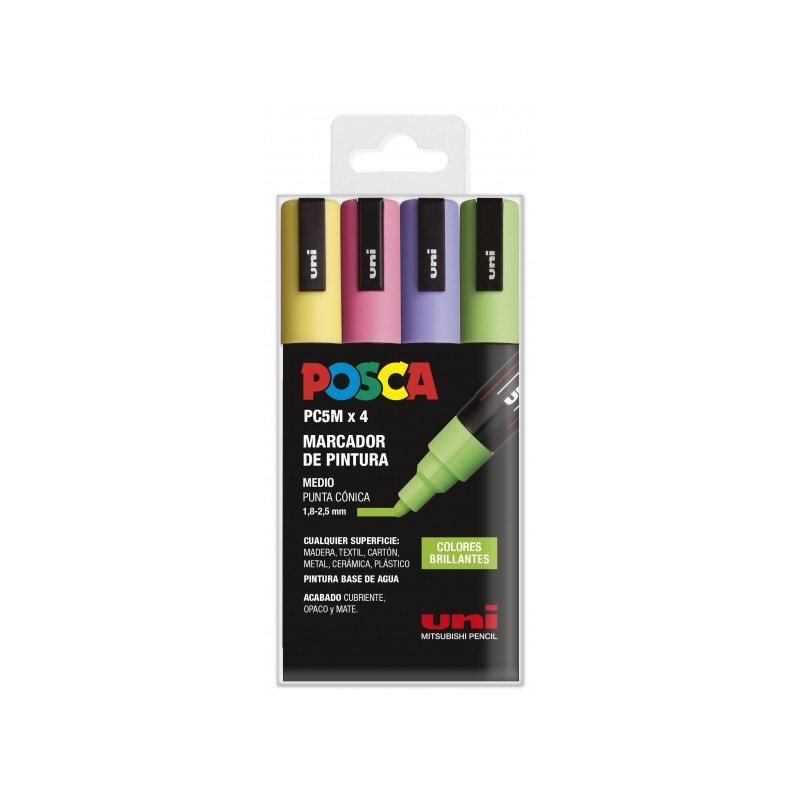 Posca PC-5M Confezione da 4 pennarelli - Punta 1.8-2.5 mm - Inchiostro a base d'acqua - Resistente alla luce - Colori as