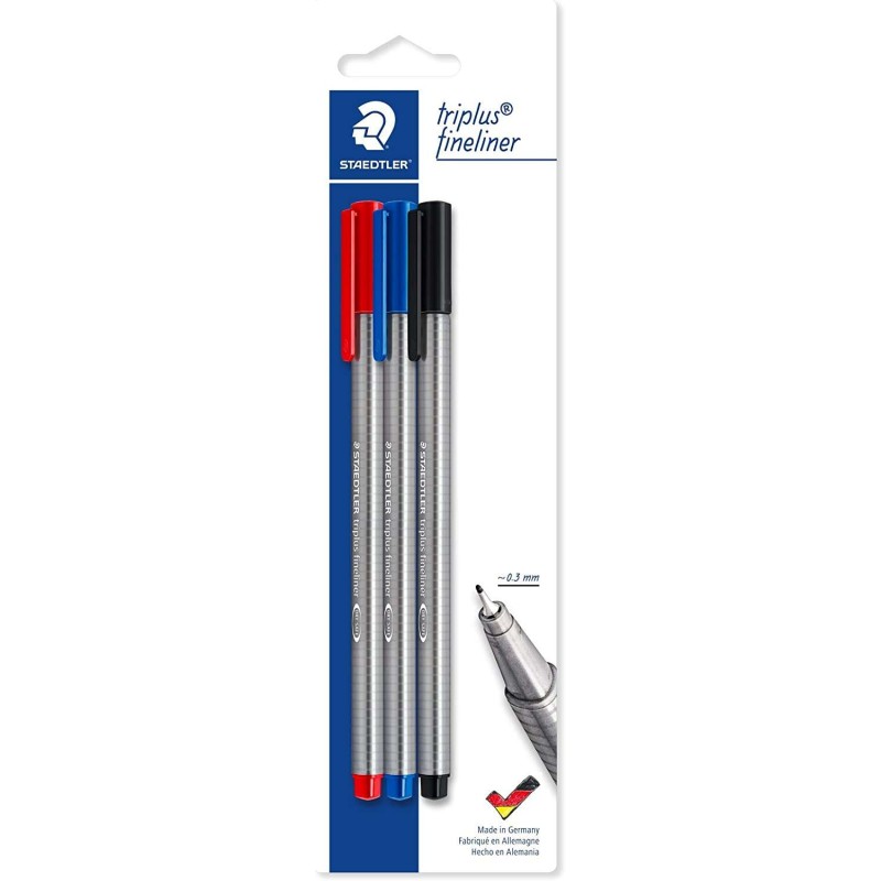 Staedtler Triplus Fineliner 334 Confezione da 3 penne a punta fine - Tratto 0.3 mm circa - Design ergonomico - Inchiostr