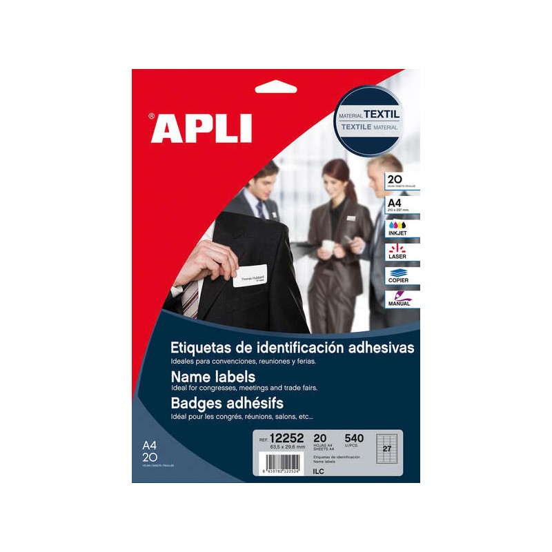 Etichette adesive tessili Apli - Formato 63.5 x 29.6 mm - Adesivo rimovibile - Confezione da 20 fogli con 540 etichette 