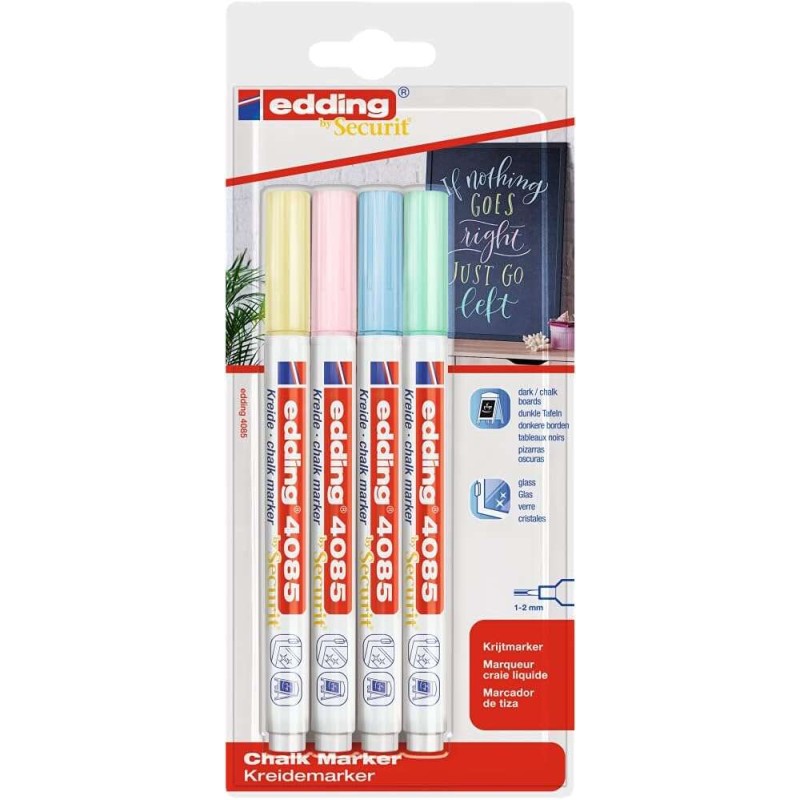 Edding 4085 Pastello Confezione da 4 pennarelli a gesso liquido - Punta tonda - Lunghezza tratto 1-3 mm - Odore neutro -