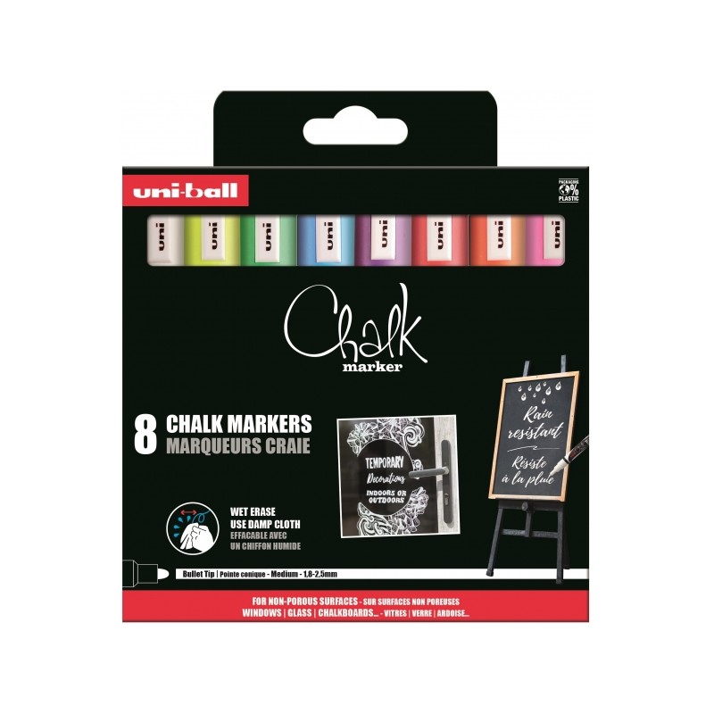 Uni-ball Chalk PWE-5M Confezione da 8 pennarelli a gesso liquido - punta conica 1.8-2.5 mm - cancellabili - resistenti a