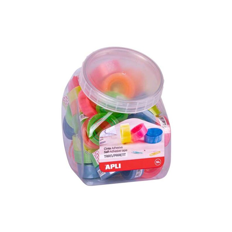 Espositore Apli con 50 nastri adesivi trasparenti 19mmx20m - Forte adesione - Colori assortiti del nucleo