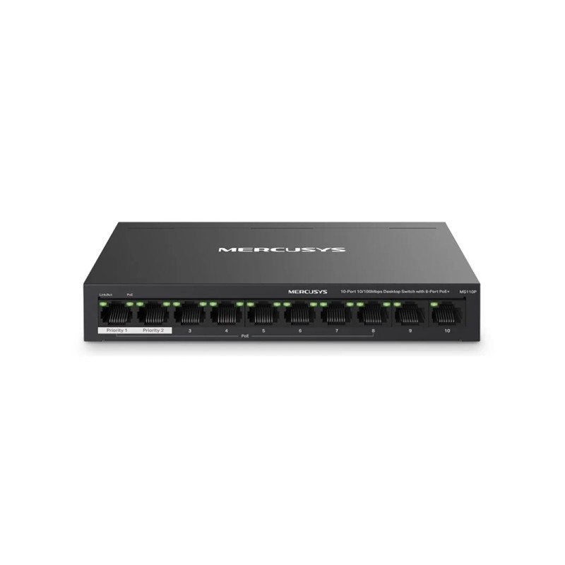 Switch Mercusys 10 porte RJ45 10/100Mbps - 8 porte PoE - Lunga portata fino a 250 m in modalità estesa - Involucro in m