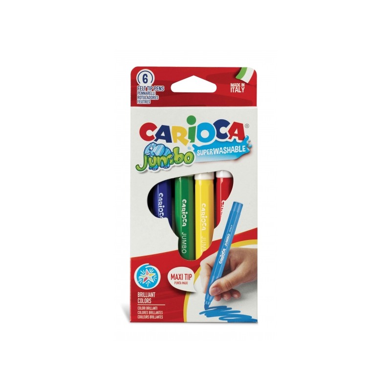 Carioca 6 confezioni di penne Jumbo - Corpo ottagonale maxi - Inchiostro super lavabile - Punta bloccata maxi da 6 mm - 