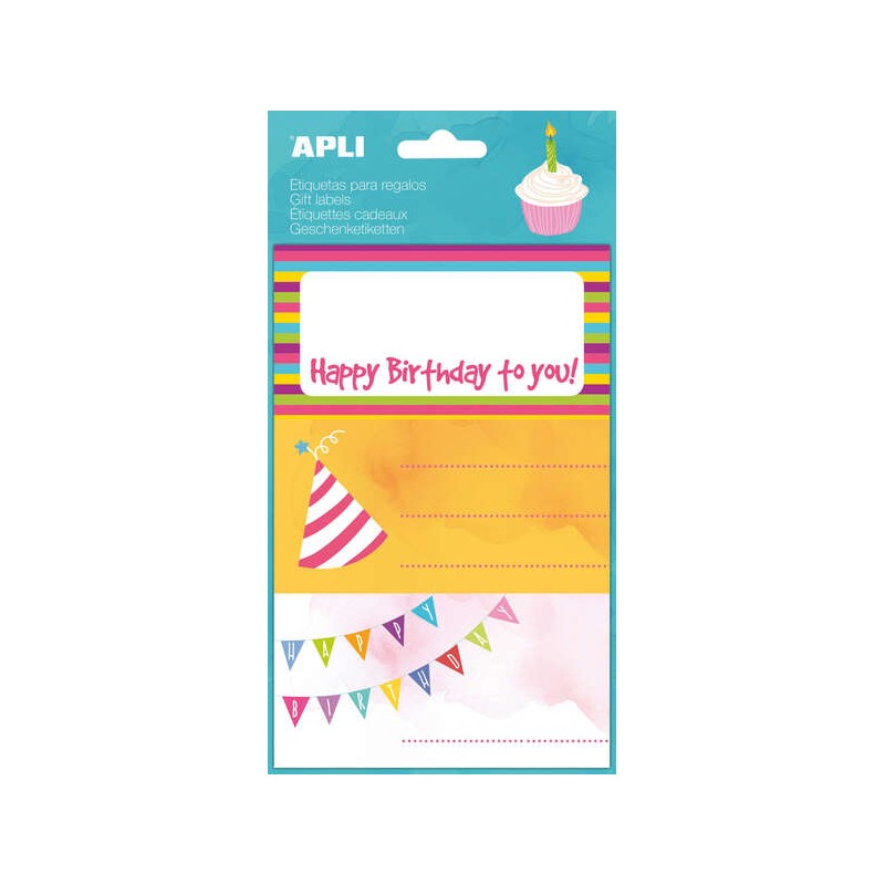 Adesivi Apli Happy Birthday - Dimensioni 76x39 mm - 9 adesivi in 3 fogli - Adesivi permanenti di alta qualità - Ideali 