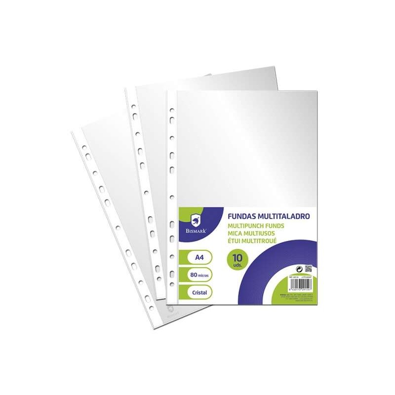 Bismark Confezione da 10 maniche multi-trapano formato A4 80 Micron - Finitura cristallina - Ideale per cartelline ad an