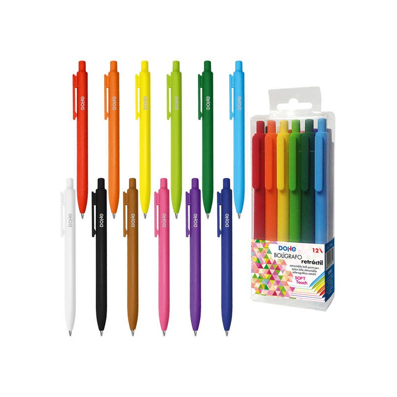 Dohe Confezione da 12 penne a sfera retraibili Soft Touch - Punta a sfera in metallo da 1 mm - Tratto penna da 0.4 mm - 