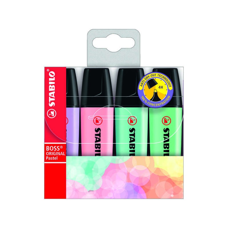 Stabilo Boss 70 Pastel 4 Pack Evidenziatori - Linea da 2 a 5 mm - Ricaricabili - Inchiostro a base d'acqua - Colori past