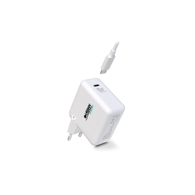 Urban Factory Cyclee 65W GaN USB-C Caricatore da parete - Design ecologico - Cavo USB-C/USB-C da 2 m - Bianco