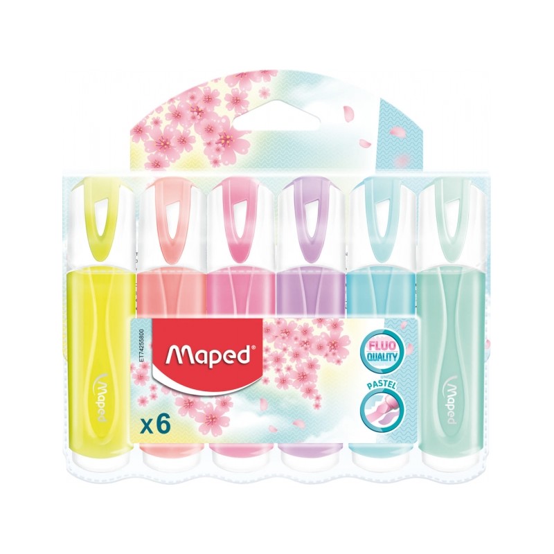 Maped Classic Confezione da 6 evidenziatori pastello - Punta smussata - Linea da 1 a 5 mm - Ideale per sottolineare ed e