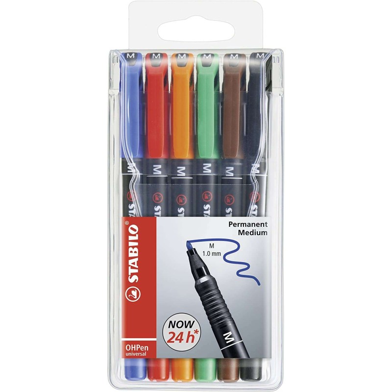 Stabilo OHPen Confezione da 6 pennarelli permanenti - Punta media - Linea da 1 mm - Impugnatura antiscivolo - Cappuccio 