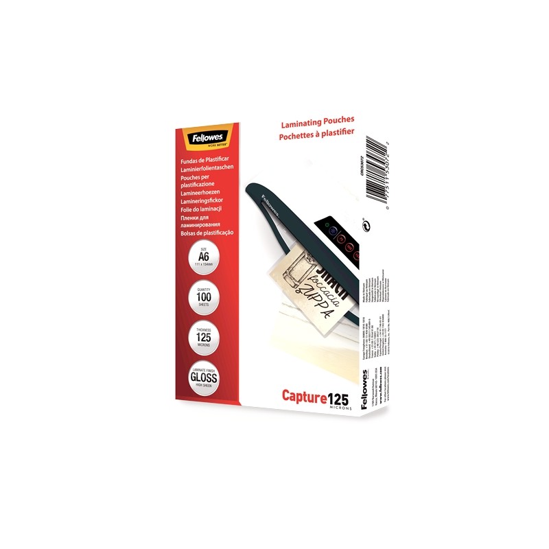 Fellowes Confezione da 100 maniche di laminazione da 125 micron - Formato A6 - Finitura lucida - Frecce indicatrici di u